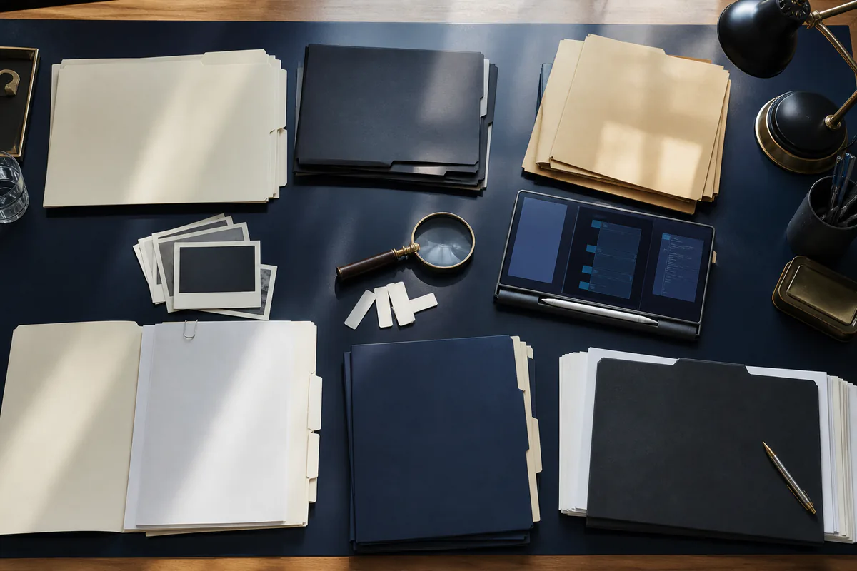 Organized investigation material beside a magnifying glass
