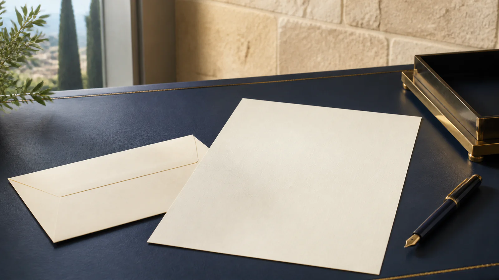 An anonymized demand letter and envelope on a dark desk