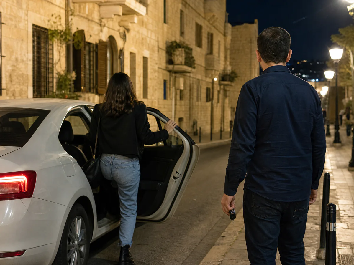 נוסעת עולה להסעה חלופית ברחוב ישראלי בלילה